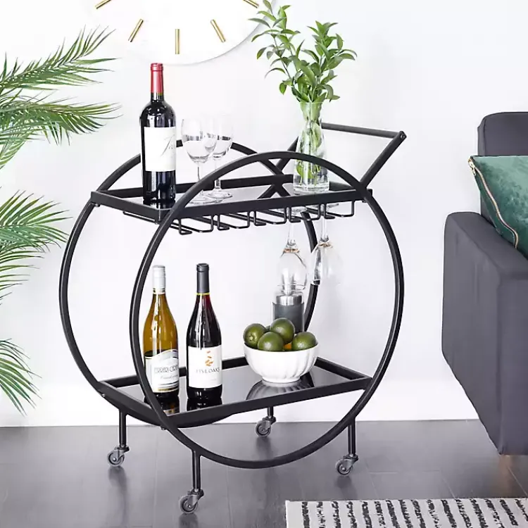 Kirklands Home Round Metal and Glass 2-Ter Bar Cart Black New