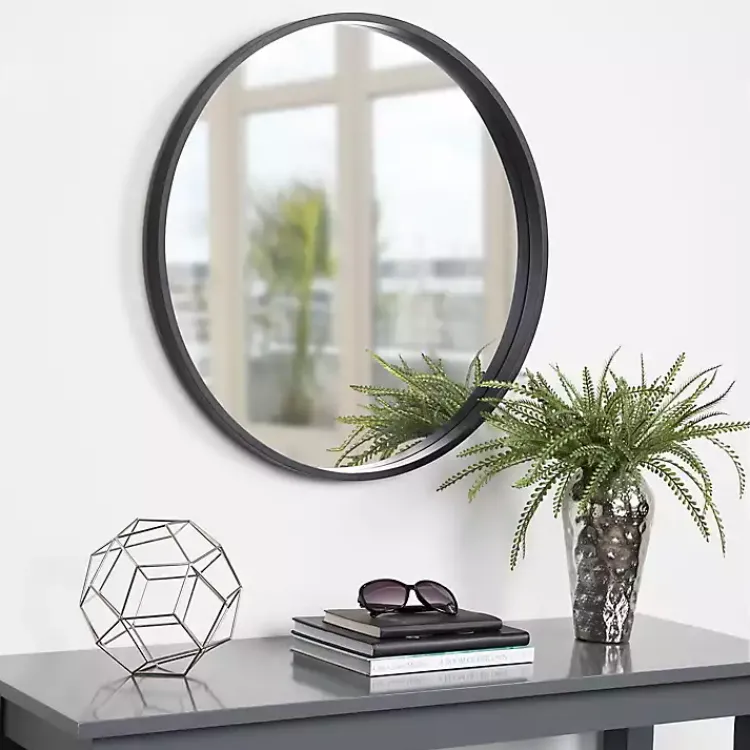 Kirklands Home Round Black Wood Travis Accent Mirror Clearance