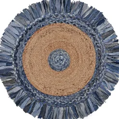 Kirklands Home Round Braided Jute and Denim Area Rug, 3x3 New