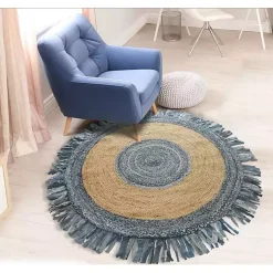 Kirklands Home Round Braided Jute and Denim Area Rug, 3x3 New