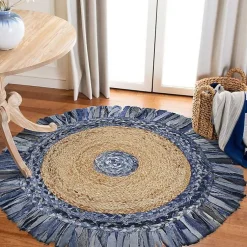 Kirklands Home Round Braided Jute and Denim Area Rug, 3x3 New