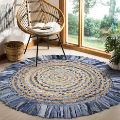Kirklands Home Round Braided Jute and Denim Swirl Area Rug, 3x3 Clearance
