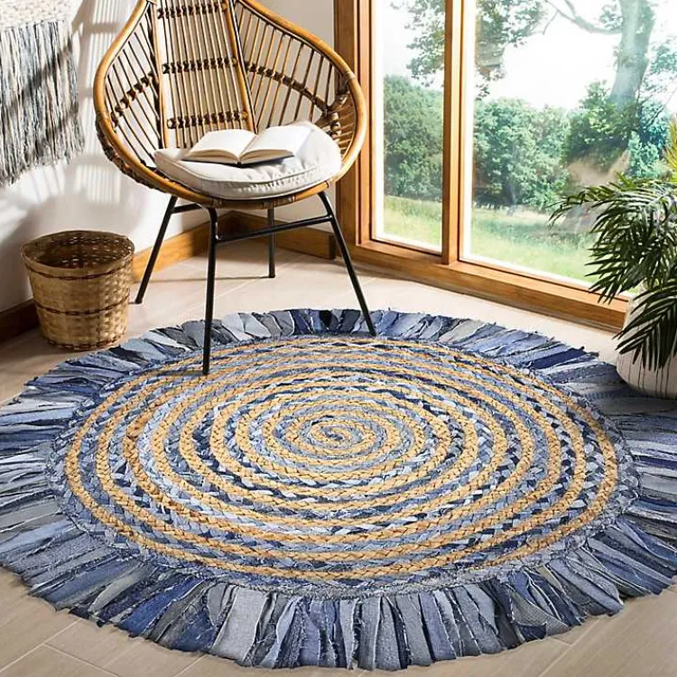 Kirklands Home Round Braided Jute and Denim Swirl Area Rug, 3x3 Clearance
