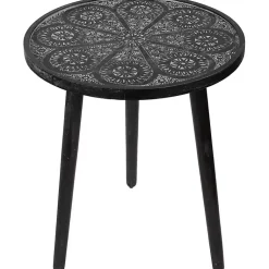 Kirklands Home Round Charcoal Floral Engraved Accent Table Black