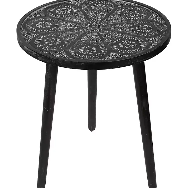 Kirklands Home Round Charcoal Floral Engraved Accent Table Black