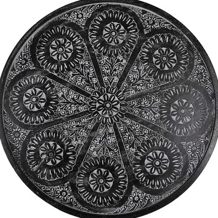 Kirklands Home Round Charcoal Floral Engraved Accent Table Black