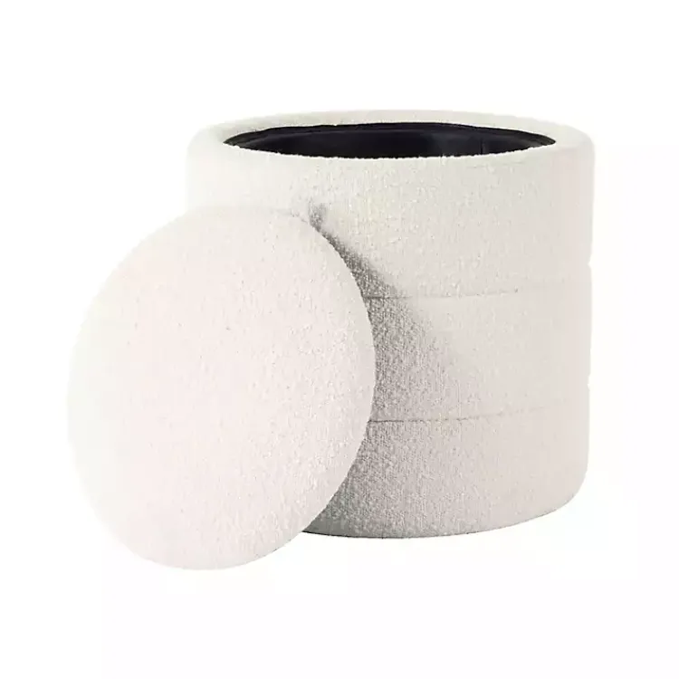 Kirklands Home Round Cream Boucle Storage Ottoman Ivory