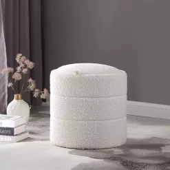 Kirklands Home Round Cream Boucle Storage Ottoman Ivory