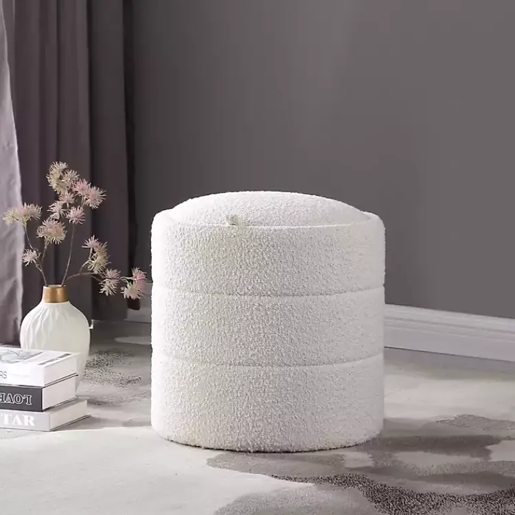 Kirklands Home Round Cream Boucle Storage Ottoman Ivory