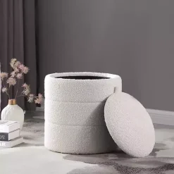 Kirklands Home Round Cream Boucle Storage Ottoman Ivory