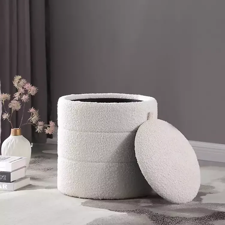 Kirklands Home Round Cream Boucle Storage Ottoman Ivory