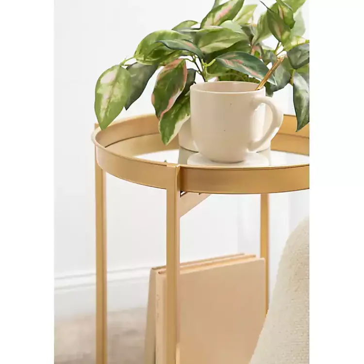 Kirklands Home Round Mirrored Foldable Accent Table Gold Outlet