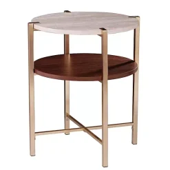 Kirklands Home Round Gold 2-Tier Accent Table White