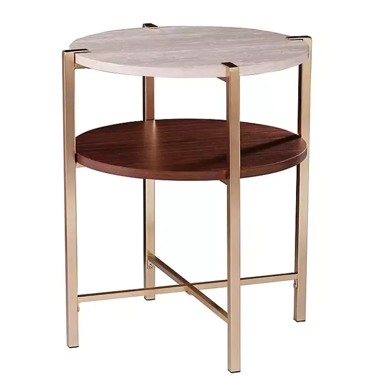 Kirklands Home Round Gold 2-Tier Accent Table White