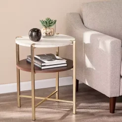 Kirklands Home Round Gold 2-Tier Accent Table White