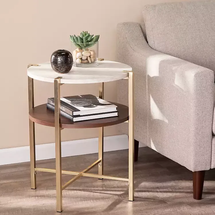 Kirklands Home Round Gold 2-Tier Accent Table White
