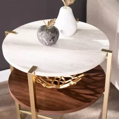 Kirklands Home Round Gold 2-Tier Accent Table White