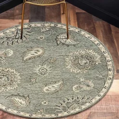 Kirklands Home Round Gray and Botanical Area Rug, 4x4 Blue Outlet