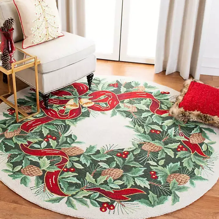Christmas Decorations>Kirklands Home Round Ivory Vintage Poster Hooked Accent Rug