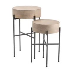 Kirklands Home Round Light Wood and Metal Accent Tables, Set of 2 Tan Hot