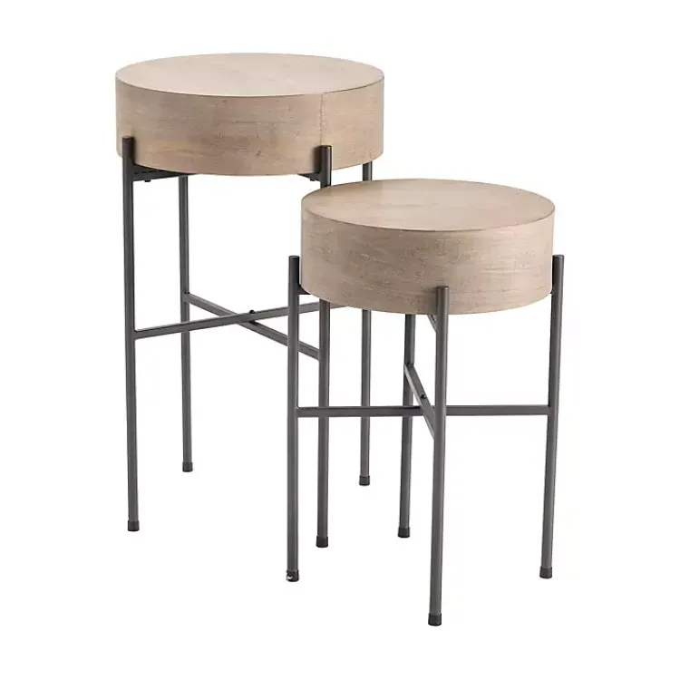 Kirklands Home Round Light Wood and Metal Accent Tables, Set of 2 Tan Hot