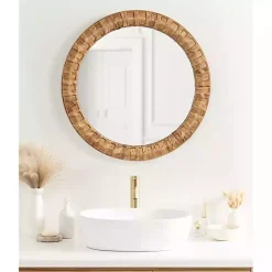 Kirklands Home Round Natural Woven Water Hyacinth Wall Mirror New
