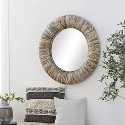 Kirklands Home Round Teak Wood Coiled Tampar Frame Mirror New