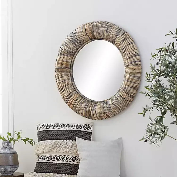 Kirklands Home Round Teak Wood Coiled Tampar Frame Mirror New