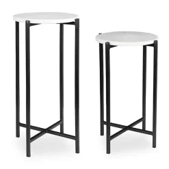 Kirklands Home Round White Marble Accent Tables, Set of 2 Black Outlet