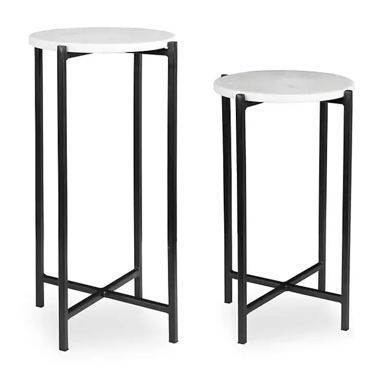 Kirklands Home Round White Marble Accent Tables, Set of 2 Black Outlet
