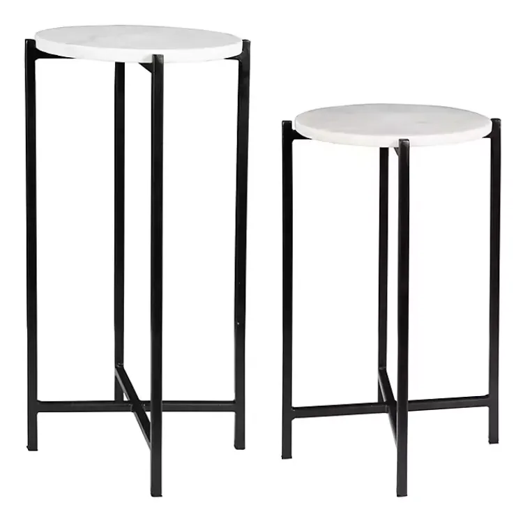 Kirklands Home Round White Marble Accent Tables, Set of 2 Black Outlet