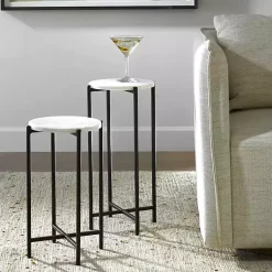 Kirklands Home Round White Marble Accent Tables, Set of 2 Black Outlet