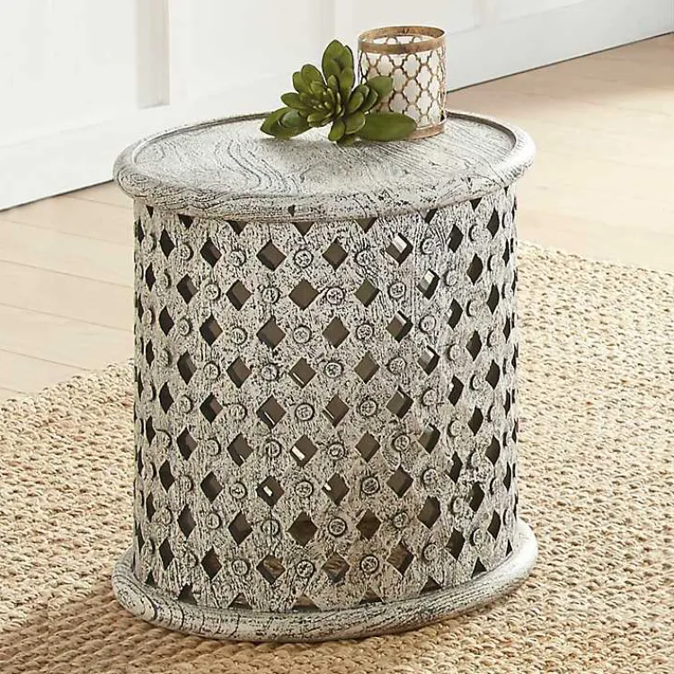 Kirklands Home Round White Wood Lattice Accent Table Best
