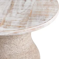 Kirklands Home Round washed Wood and Rope Accent Table White Clearance
