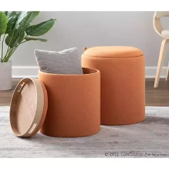 Kirklands Home Rust Upholstered Ottomans with Tray Tops, Set of 2 Orange Clearance