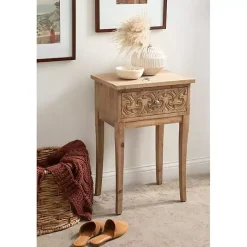 Kirklands Home Rustic Ornate Carved Wood Accent Table Brown