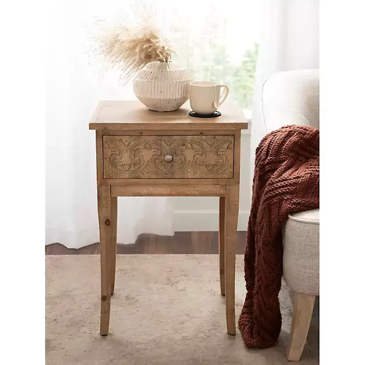 Kirklands Home Rustic Ornate Carved Wood Accent Table Brown