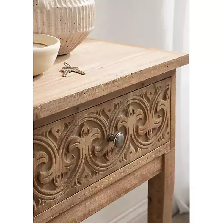 Kirklands Home Rustic Ornate Carved Wood Accent Table Brown