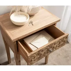 Kirklands Home Rustic Ornate Carved Wood Accent Table Brown