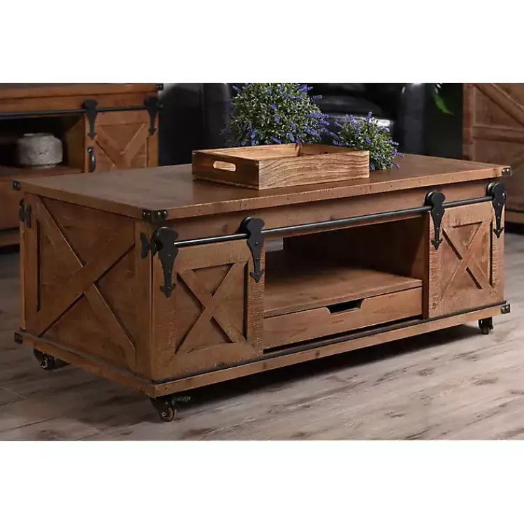 Kirklands Home Rustic Fir Wood Rolling Barn Door Coffee Table Tan Outlet