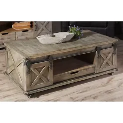 Kirklands Home Rustic Wood Rolling Barn Door Coffee Table Gray Hot