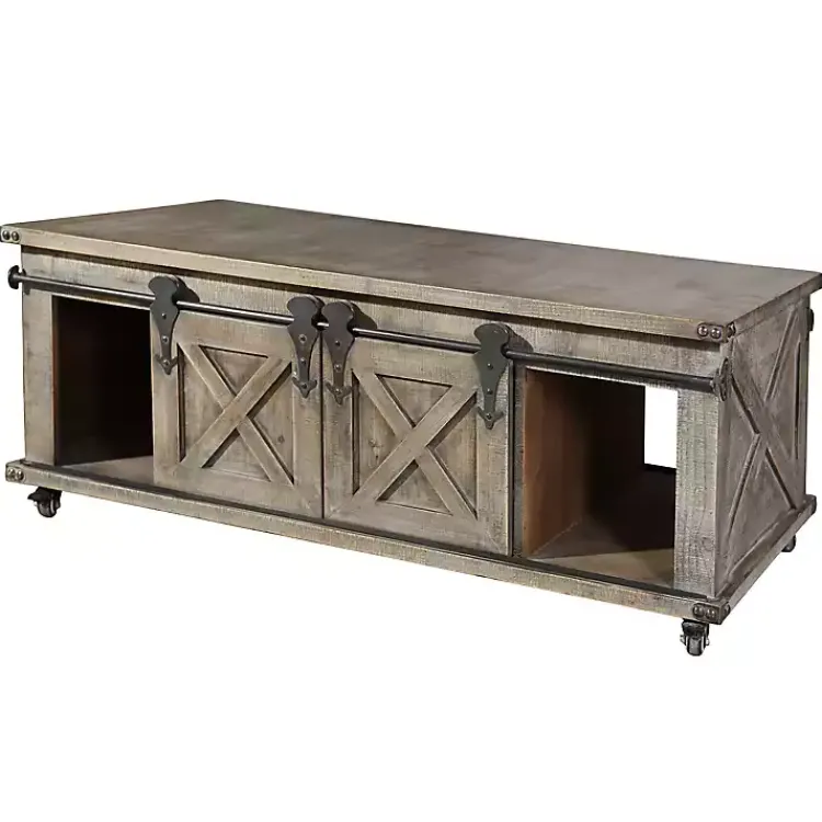 Kirklands Home Rustic Wood Rolling Barn Door Coffee Table Gray Hot