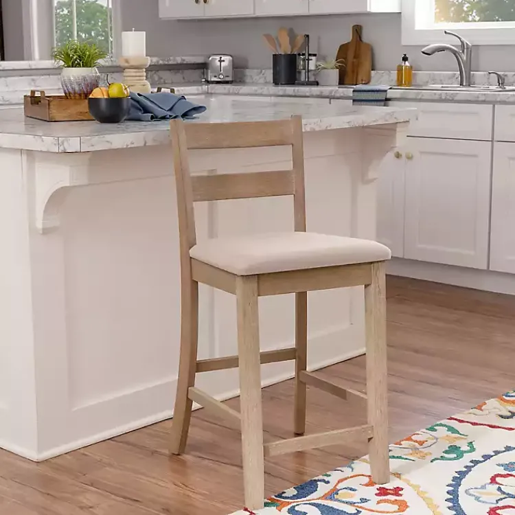 Kirklands Home Rustic Graywash Wood Upholstered Counter Stool Brown New