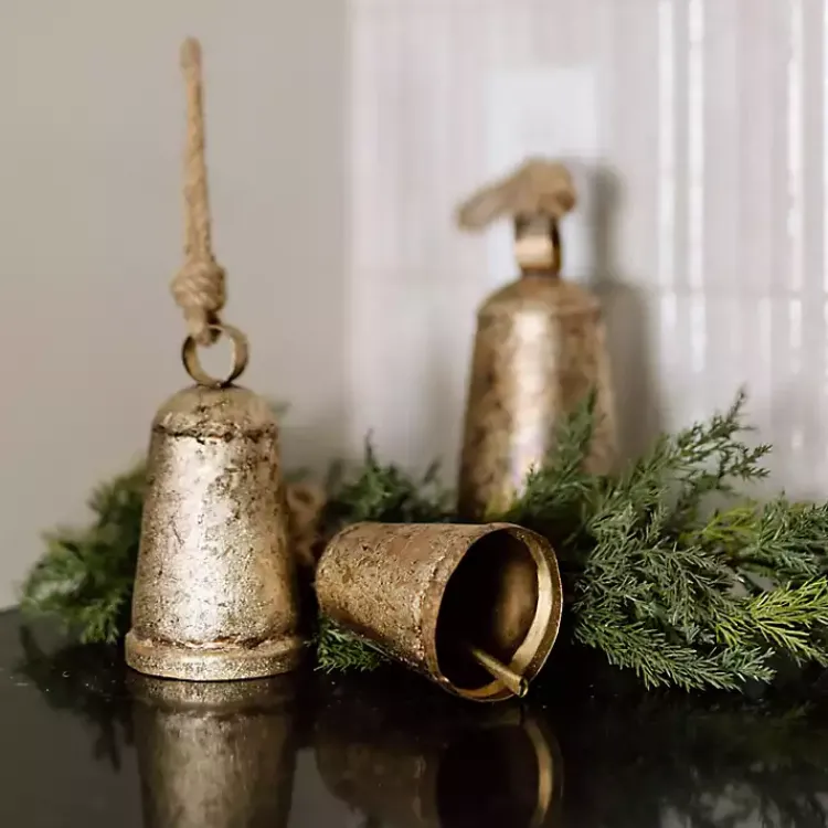 Christmas Decorations>Kirklands Home Rustic Metal Bell Ornaments, Set of 3 Gold