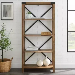 Kirklands Home Rustic Oak Metal X Frame Back Bookshelf Brown Hot