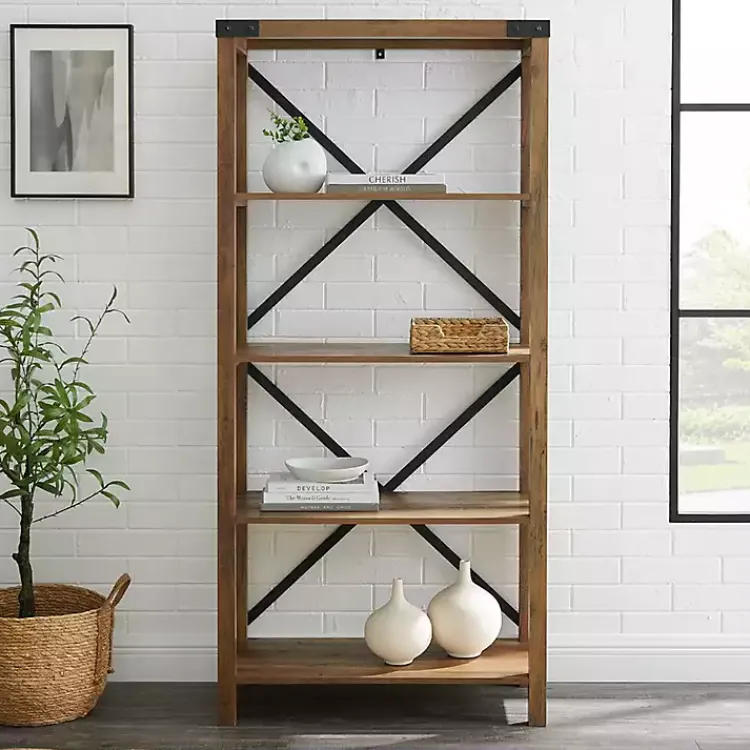 Kirklands Home Rustic Oak Metal X Frame Back Bookshelf Brown Hot