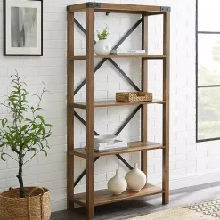 Kirklands Home Rustic Oak Metal X Frame Back Bookshelf Brown Hot