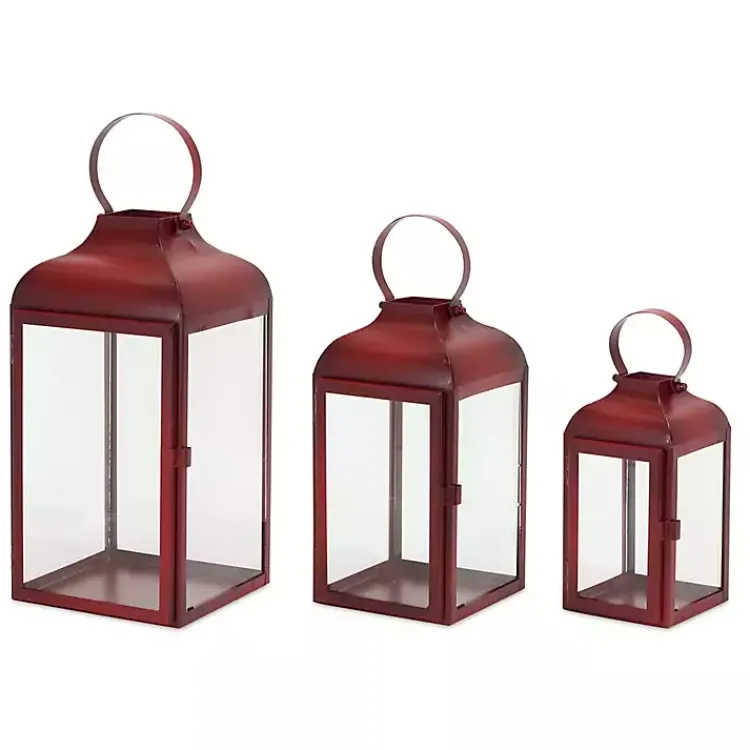 Lanterns>Kirklands Home Rustic Ring Top Metal Lanterns, Set of 3 Red