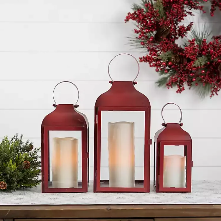 Lanterns>Kirklands Home Rustic Ring Top Metal Lanterns, Set of 3 Red