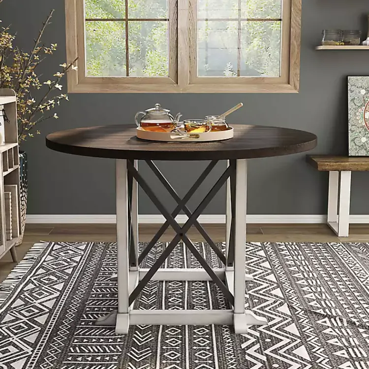 Kirklands Home Rustic White & Oak Wood Round Dining Table Brown New